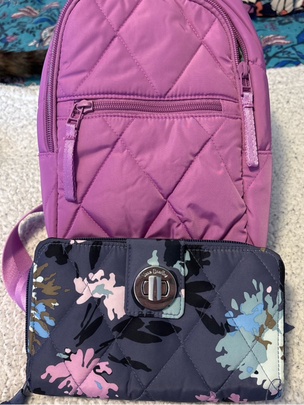 Vera Bradley Pink Quilted Mini sling Backpack with Floral Wallet